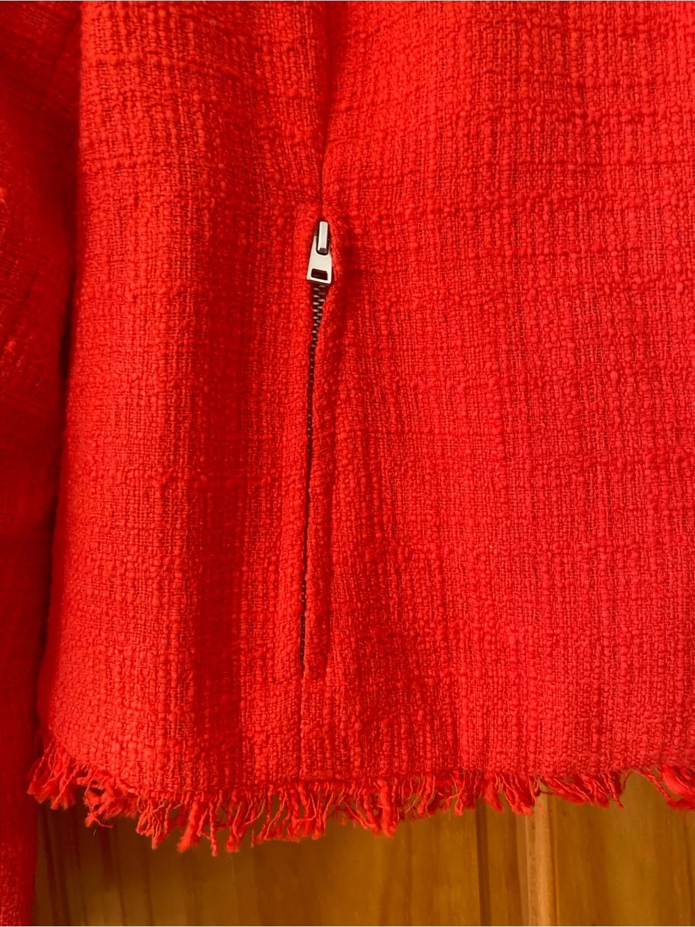 J.Crew Size 16 Vibrant Red/Orange Tweed Fringe Moto Jacket Asymmetrical Zip